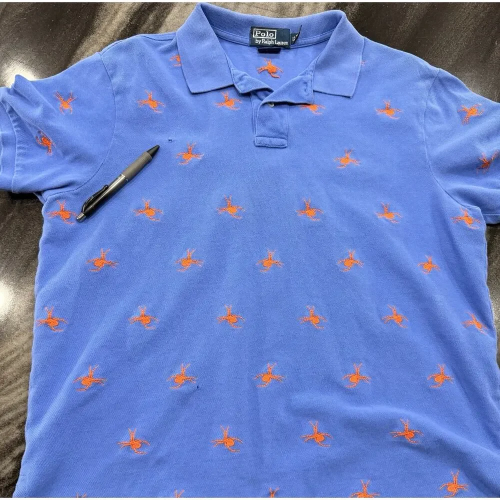 Polo Ralph Lauren Spider Print Polo Shirt XL Blue Orange Embroidered Halloween